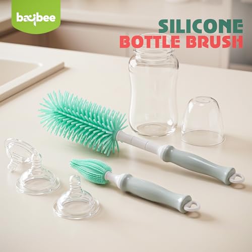 Image of Baybee 2Pc Combo Silicone Bottle Cleaning Brush | BPA-Free 360 Rotatable Silicone Bristles for Nipple, Straw, Vase, Glass & Feeding Bottle Cleaner Set | Anti Slip Handle, Easy to Clean Corner (Green)