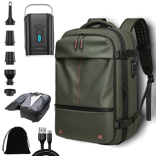 Vacuum Backpack, Air Vacuum Backpack for Travel, Vacuum Bags, 60L Large-Capacity Travel Back Pack Expandable Black (Green, With vacuum pump)