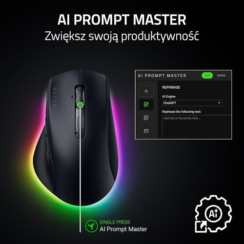 Razer Pro Click V2 - bezprzewodowa ergonomiczna mysz - AI Prompt Assist - czujnik optyczny 30K - 3,5 miesiąca pracy na baterii (14 stref Chroma RGB, przechylane kółko HyperScroll) Czarny