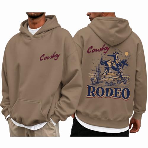Bobeutou Western Hoodies for Men Vintage Rodeo Cowboy Sweatshirt Graphic Hoodie Country Concert Pullover Tops(Coffee,S)
