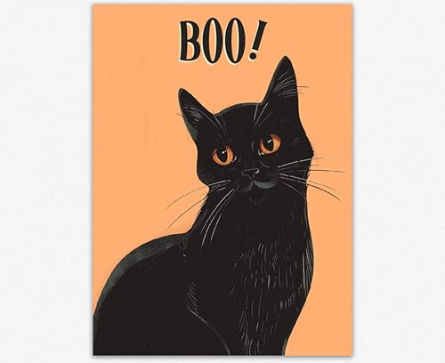 Affiche Halloween Chat Noir Wallbuddy - Décoration Murale Vintage Orange 61x91 cm