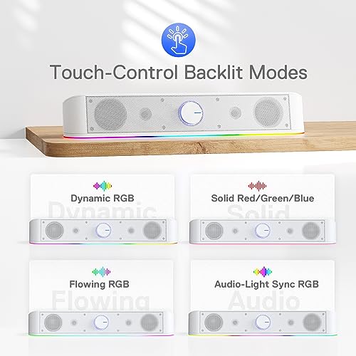 Redragon GS560 RGB Desktop Soundbar, 2.0 Channel Computer Speaker with Dynamic Lighting Bar Audio-Light Sync/Display, Touch-Control Backlit with Volume Knob, USB Powered w/ 3.5mm Cable, White by Redragon - Image 4