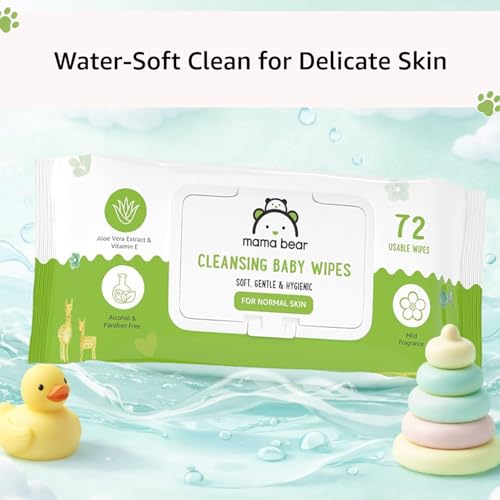 Image of Amazon Brand - Mama Bear Cleansing Baby Wipes With Lid | 216 Wipes | 72 Wipes x 3 Packs | Dermatologically Tested | With Aloe Vera & Vitamin E | Alcohol-Free | Paraben-Free | Water-Based formulation
