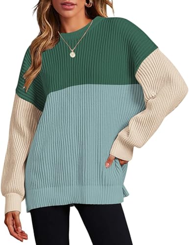 Image of Zeagoo Women 2026 Fall Lightweight Oversized Sweater Crew Neck Long Sleeve Color Block Pullover Rib Knit Blouse Tops XS-2XL