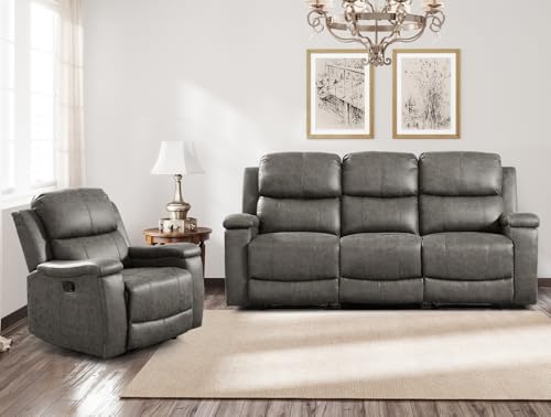 Image of CANMOV Faux Leather Manual Recliner Sofa Set, Manual Reclining Sofa and Recliner Chair with Concealed Cup Holders for Living Room,Bedroom Furniture,Grey