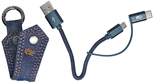 Chaveiro Cabo Micro USB e USB-C 2 em 1, i2GO, Revestimento Jeans, Azul