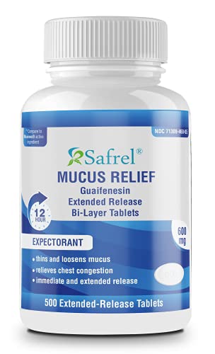 Safrel Mucus Relief, 600mg Guaifenesin 12 Hour Extended Release, Long Acting Chest Congestion Expectorant, Thins and Loosens Mucus, Relieves Chest Congestion, Cough, Cold and Flu (500 Count Bottle)