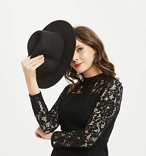 Women Or Men Woolen Felt Fedora Hat Vintage Widet Brim Crushable Hat Belt Jazz, Black 58-60Cm #TOP2