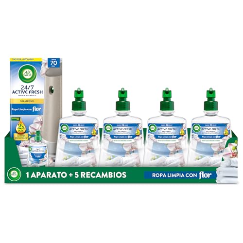Air Wick Active Fresh Spray Automatico Sin Aerosol - Ambientador para casa con aroma a Ropa Limpia con Flor - Pack de 1 Aparato + 5 Recambios (228mlx5)
