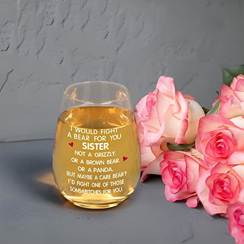 Waipfaru Funny Gift For Sister, Fight A Bear For You Stemless Wine Glass, Sister Gifts From Sister Brother, Birthday Christmas Gift For Sister Sister In Law Soul Sister Big Sister Little Sister, 15Oz #TOP5