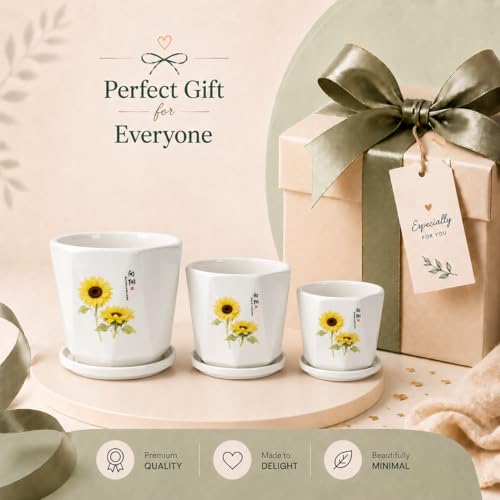 Image of Xtore Charming Sunflower Ceramic Planter Set with Drain Tray | Elegant Indoor & Outdoor Flower Pots for Living Room, Balcony, Office Desk & Garden Decor (Set of 3, White&Yellow) (Planter only)
