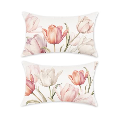 TAJWE Spring Pillow Covers 12x20 Inch Set of 2 Pink Tulip Flower Decorative Pillowcases Farmhouse Summer Seasonal Lumbar Cushion Cases for Sofa Couch Home Decor