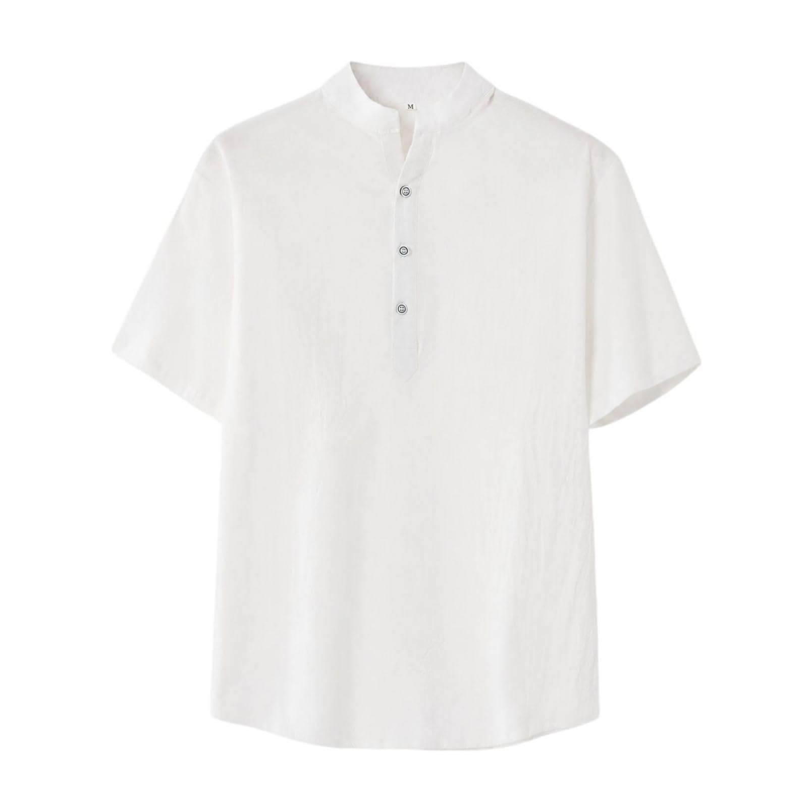 Camiseta Henley de manga corta con tres botones y mezcla de lino y algodón para hombre, resistente a las arrugas