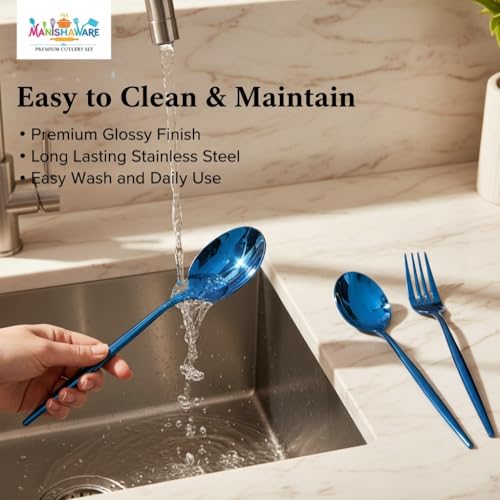 Image of Classic Blue 4 Pcs Stainless Steel Cutlery Set for Dining Table, Dishwasher Safe Glossy Flatware (Perfect Spoon Fork Set)