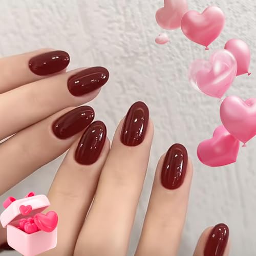 modelones Dark Red Short Press On Nails, Oval Fake Nails with Nail Glue, Adhesive Tabs, Nail File, Prep Pad, Manicure Stick, 32Pcs 16 Sizes, Cherry, Valentines