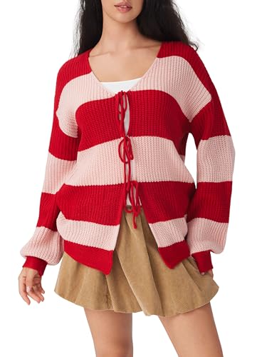 CIDER Cardigan Sweater for Women Tie Front Striped Long Sleeve V Neck Cute Y2k Fall Trendy Outfits3