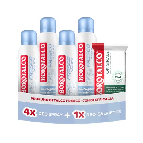 Deodorante spray effetto talco, freschezza intensa fino a 72h 150ml. Borotalco® - Deo-Salviette Originale 2in1...