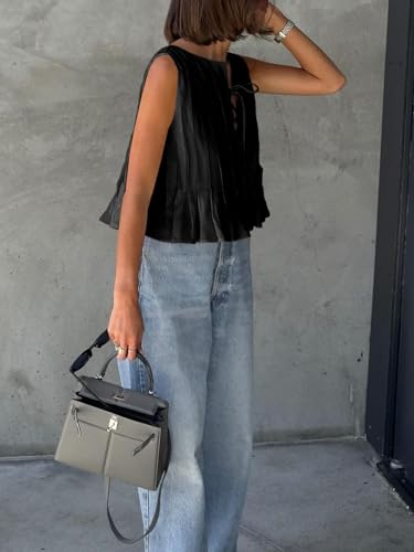 Cicy Bell Womens Bow Front Tie Tank Tops Pleated Babydoll Top Sleeveless Cute Coquette Shirt Summer Outfits4