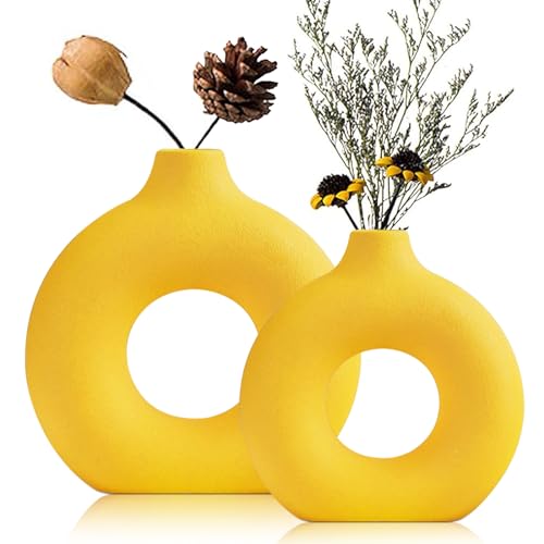 QLOFEI Yellow Ceramic Vase for Modern Home Decor,Round Matte Pampas Flower Vases Minimalist Nordic Boho Ins Style for Wedding Dinner Table Party Living Room Office Bedroom, Decorative Gift…