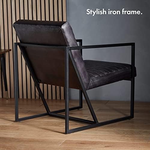 Spinningfield 100% Leather Accent Chair - Real Buffalo Leather Lounge Corner Chair in Black with Mid Century Style, Cushioned Iron Frame & Soft Leather, Multifunctional Chair for Lounge & Living Room