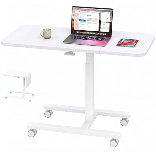 Klyvvo Mesa Cama Ajustable en Altura, Gran Superficie 100cm, con Ruedas con Freno, Pistón Gas, Escritorio/Portátil Forma C Robusto, Mesa Sofá Móvil para Salón, Dormitorio, Office,Blanco