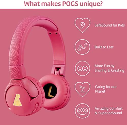 POGS kids bluetooth headphones | The Gecko | Foldable and robust headphones for kids from 3 years with volume control, microphone, volume limiter 85 dB | Music-sharing function (pink wireless)
