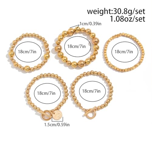 5Pcs Stack Gold Beaded Stretch Bracelets Set for Women Vintage Stackable OT Buckle Bangles Coin Disc Statement Bracelet Trendy Elastic Jewelry Gifts3