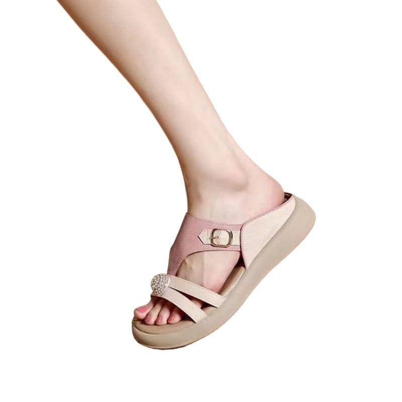 Genuine Leather Sandals Women's Rhinestone Outer Wearing Flat Bottomed Slippers2