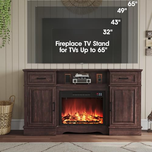 Maupvit Fireplace TV Stand for up to 65 inch TV, Entertainment Center with 23\" Fireplace, Farmhouse TV Stands with Electric Fireplace, 2 Storage Cabinets, 2 Drawers for Living Room,Brown - Thumbnail 5