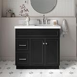 ARIEL 37' Black Bathroom Vanity, 1.5' Edge Pure White Quartz Countertop & Splash, Rectangular Sink, 2 Soft-Closing Doors & 2 Full Extension Drawers, Built in Toe Kick, Brushed Nickel