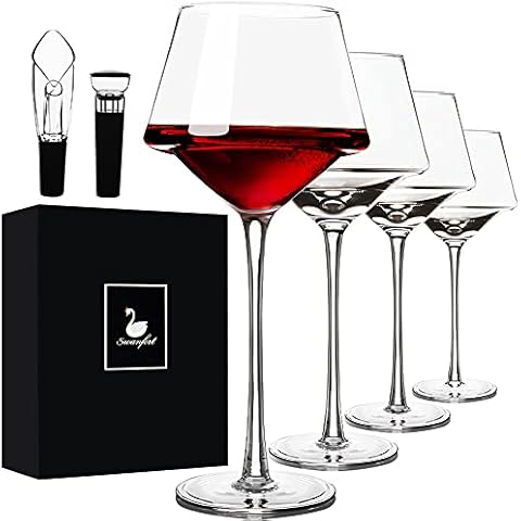 Swanfort Rotweingläser-Set, 4 Stück, mit Weinbelüfterausgießer und Vakuum-Weinstopfen, mundgeblasene große Weingläser mit Stiel, einzigartiges Design in Geschenkbox für alle Zwecke, 411 ml Cover