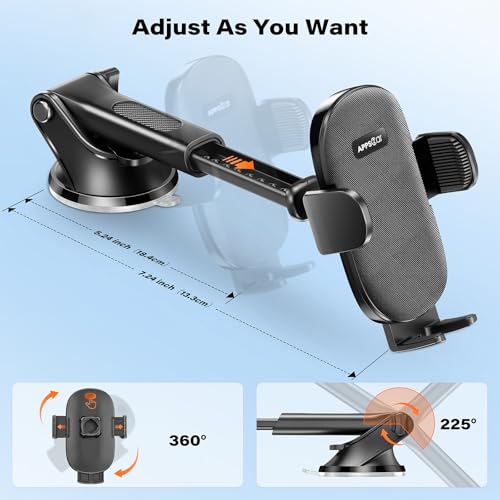 APPS2Car Suction Cup Phone Mount, Windshield/Dashboard/Air Vent Car Phone Holder Mount with Sticky Gel Pad, Compatible with iPhone, Samsung, All Cellphone, Thick Case Friendly