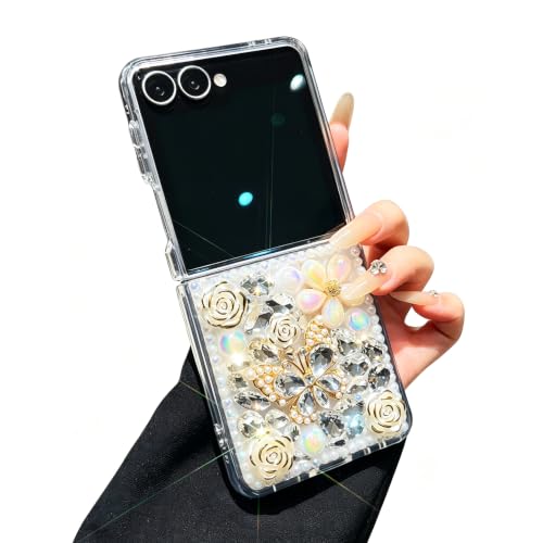 Losin Compatible with Galaxy Z Flip 8 Phone Case Glitter 3D Crystal Butterfly Floral Rhinestone Case Aesthetics Design Bling Diamond Protective Cover for Women Girls, Gold