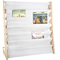 CROWNSHOP Children's Bookshelf 4 Tier Childrens Bookcase Wooden Kids Sling Storage Book Shelf Shelf with Soft Canvas for Kids Room and Nursery Wood 61 * 60 * 26.5CM