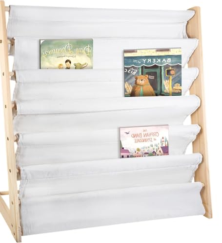 CROWNSHOP Childrens Bookshelf 4 Tier Wooden Kids Sling Bookcase Storage