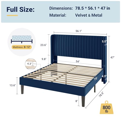 Image of Allewie Full Size Velvet Bed Frame /Vertical Channel Tufted Wingback Headboard /Upholstered Platform Bed /Strong Wooden Slats /No Box Spring Needed /Easy Assembly /Blue