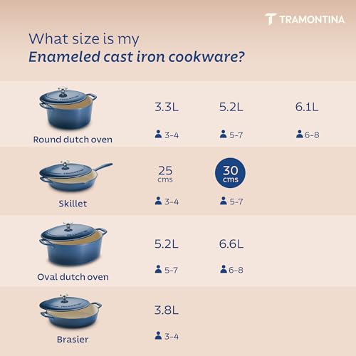 Image of TRAMONTINA Bestow Fry Pan 30 cm with Lid | Enameled Cast Iron Cookware | Even Heat Retention | Low Oil Healthy Cooking | No Seasoning Required | Stainless Steel Knob | All Cooktops Compatible | Blue