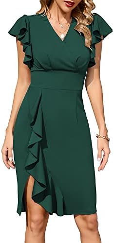 oten Womens Deep V Neck Ruffle Sleeve Sheath Cocktail Party Formal Slit Pencil Dress Dark Green Medium
