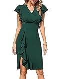 oten Womens Deep V Neck Ruffle Sleeve Sheath Cocktail Party Formal Slit Pencil Dress Dark Green Medi