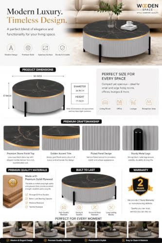 Image of WOODEN SPACE Premium Luxury Nazaara Marble-Top Coffee Table with Iron Legs & PVD Coating | Modern Round Wooden Center Table for Living Room & Entryway