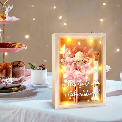 MOTONG Geldgeschenke Geburtstag, Geburtstagsgeschenk für frauen Und Mann Happy Birthday Kreative Geldgeschenk Verpackung Geschenkbox aus Holz mit Rosa Trockenblumen Reagenzglas Lichterketten