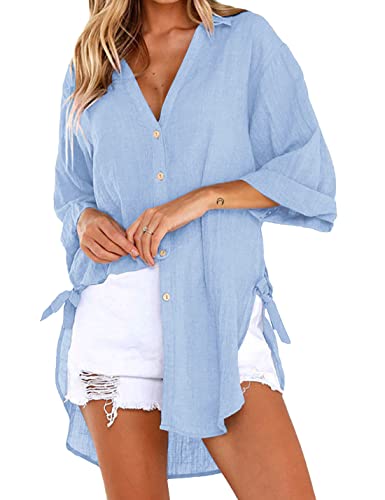 Image of Bozanly V Neck 3 /4 Sleeve Button Shirts Summer Beach Blouse Tops for Women