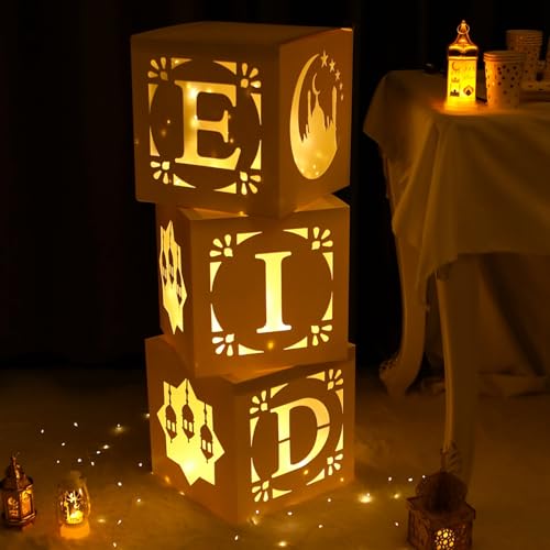Decoration Boxes with Light - 3pcs White Hollow-out with Warm Light String EID Cultural Paper Elements Box for Eid al-Fitr Decor al-Adha Festival Ramadan Mubarak Muslim Islamic Supplies