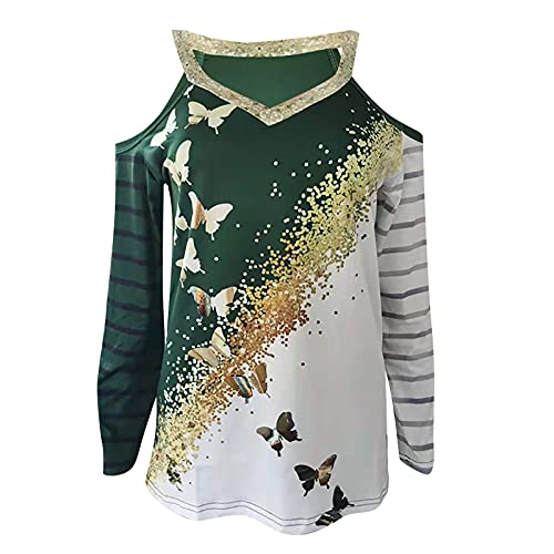 Wirziis Women's Sexy Cold Shoulder Long Sleeve Tops Trendy Butterfly Print V-Neck Blouses Fall Girls Loose Novelty Tops #TOP4