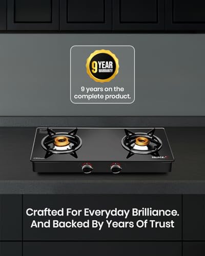 Image of Sujata Standard Gas Stove 2 Burners | 9 Years Warranty | Stove 2 Burner, 2 Burner Gas Stove Glass Top, ISI Certified, SABAF Valve, LPG & PNG Compatible, 360 Nozzle (Black)