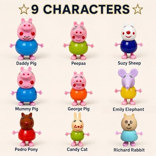 Image of ALCA Peppa Pig Figure Family Set of 9 Pieces | Pretend Play Toy Set with Peppa, George, Mummy Pig, Daddy Pig & Friends | Poseable Family & Friends Action Figures for Kids, Boys & Girls |