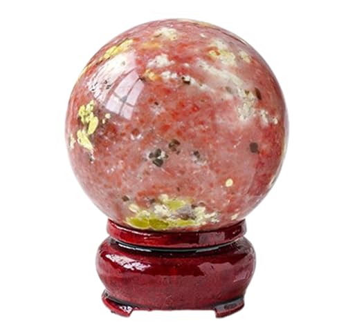 Peach Blossom Stone Ball with Wooden Base, Quartz Crystal Ball Ornament Magic Crystal Orb for Feng Shui, Divination, Home Decor,