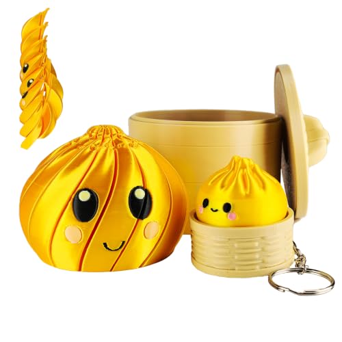 3D Printed Dumpling Twisty Fidget Toy with Dumpling Clicker, Bao Buns Steamer Storage Case Stress Relief Desk Toy Gift for Adults