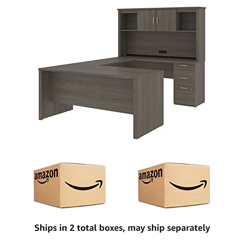 Bestar Logan U or L-Shaped Executive Office Desk with Pedestal and Hutch in bark Grey, 66W - Thumbnail 4
