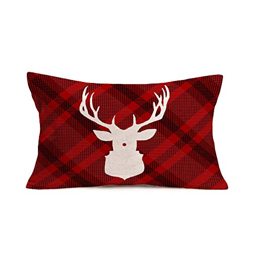Doitely Christmas Reindeer Throw Pillow Covers Retro Red Plaid Background Winter Home Decor Cotton Linen Cushion Cover Animal Deer Lumbar Farmhouse Pillow Cases Decorative 12X20 Inch #TOP10